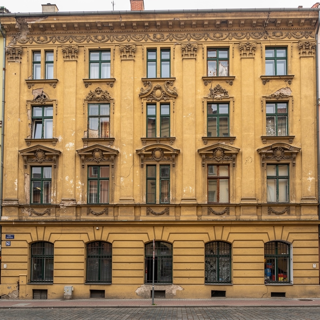 Elewacja historycznej kamienicy w Krakowie z drewnianymi oknami